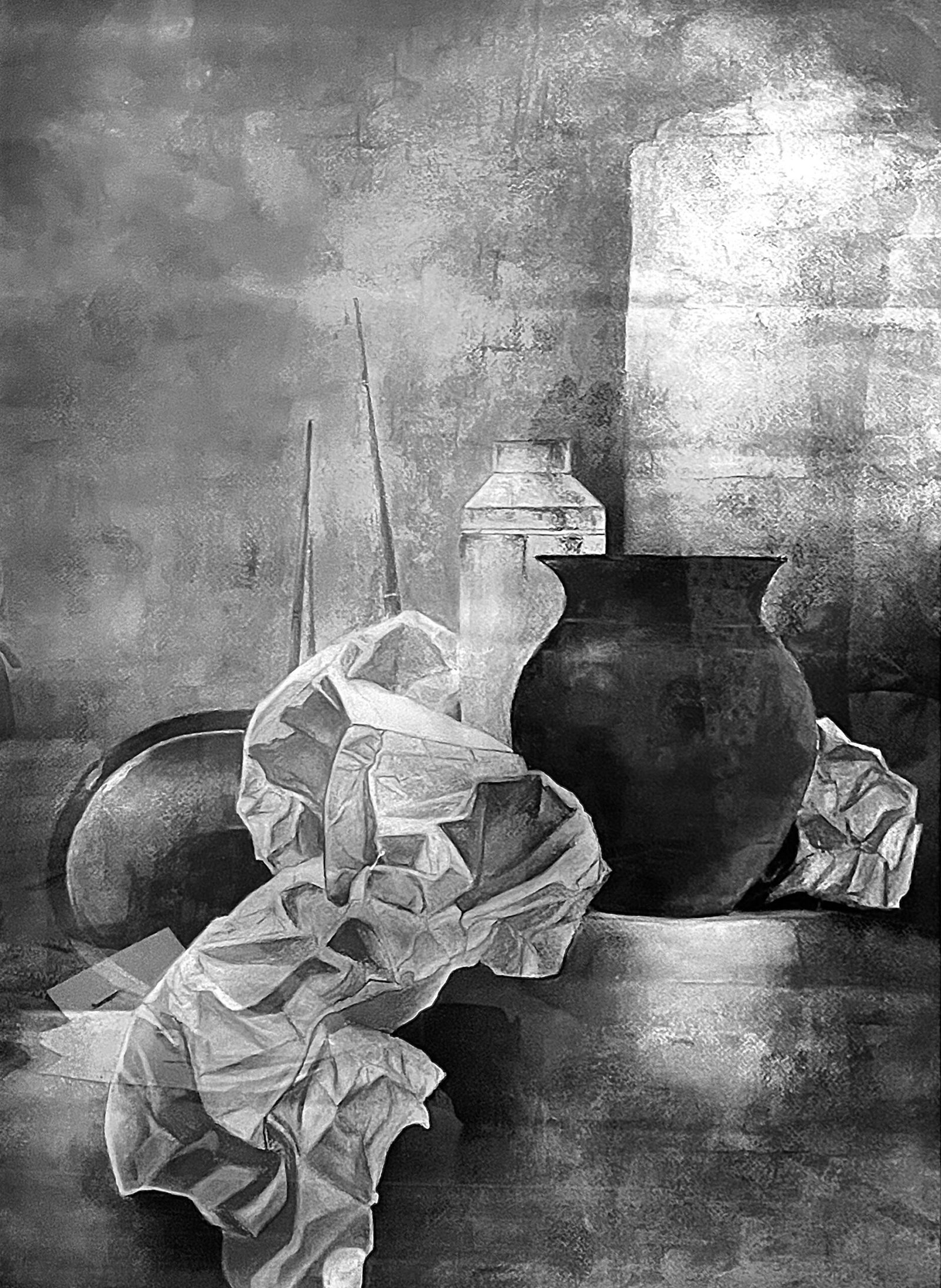 Fine Art Study in charcoal capturing realistic textures and traditional composition